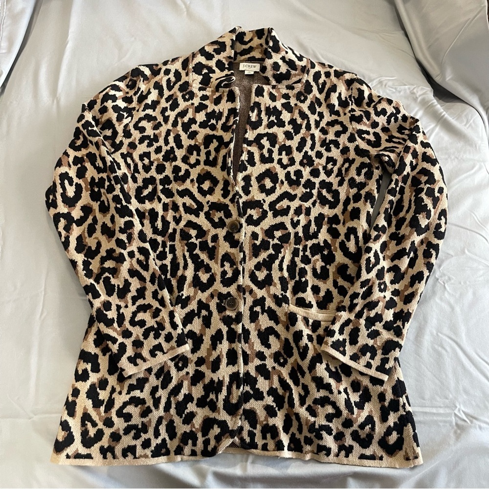 J Crew Women’s Leopard Print 100% Cotton Sweater Blazer Cardigan Size Small